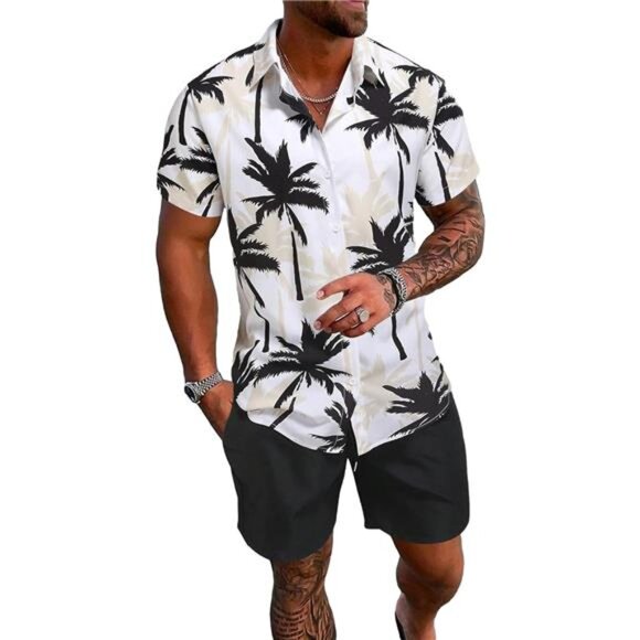 Other - Men's 2 Piece Outfit Tropical Print Short Sleeve Button Down Shirt and S…